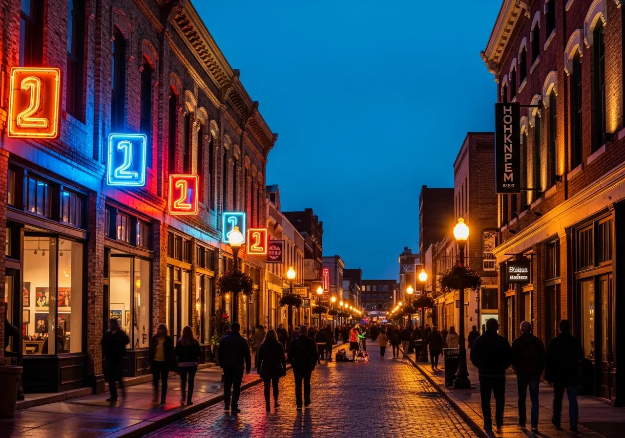 Neon signs glowing in the Tulsa Arts District during First Friday