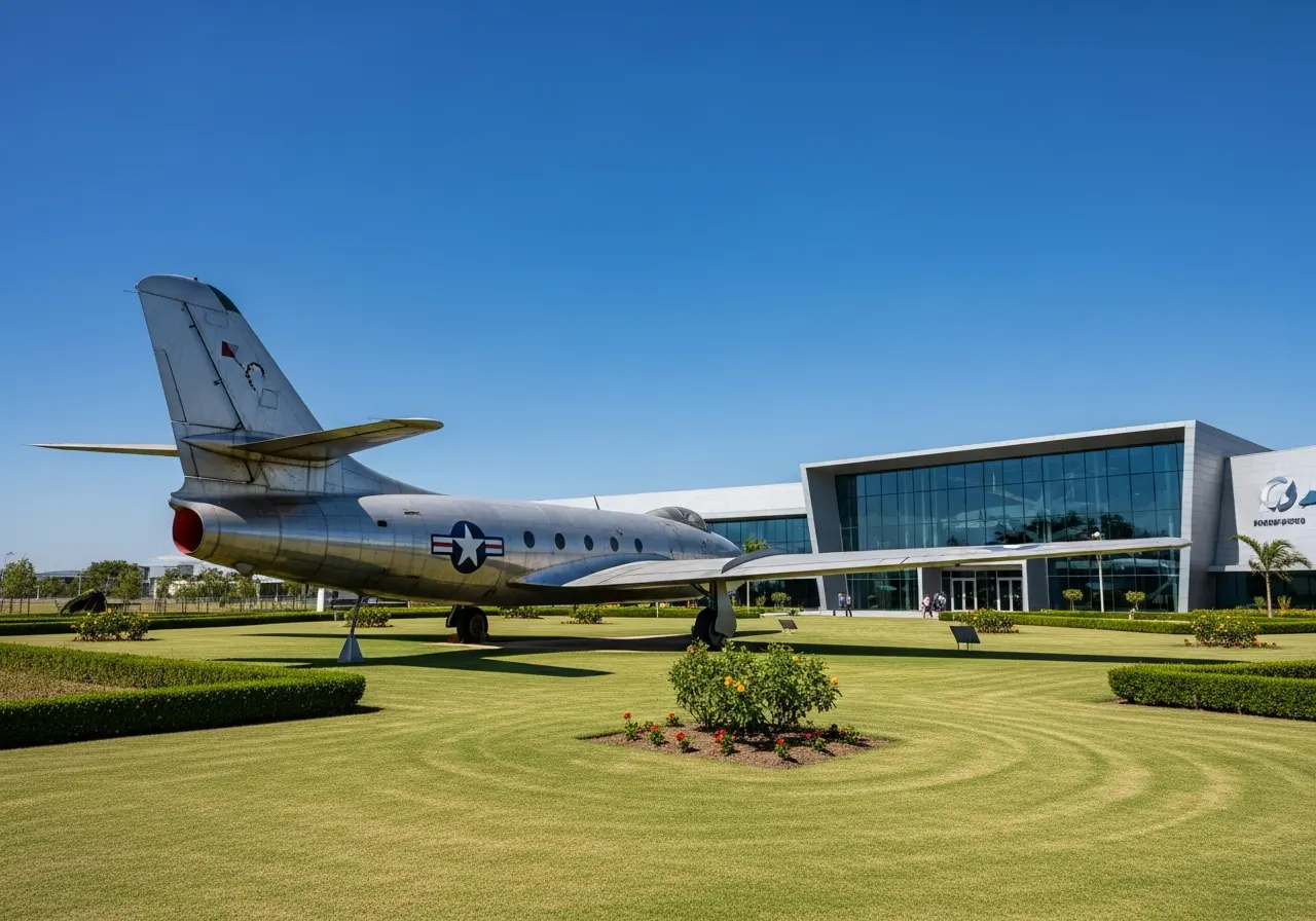 Exterior of the Tulsa Air and Space Museum with vintage aircraft