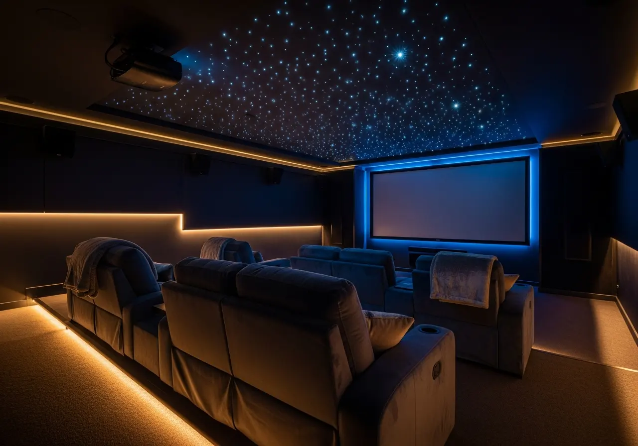 The glowing, immersive setup of the themed movie room