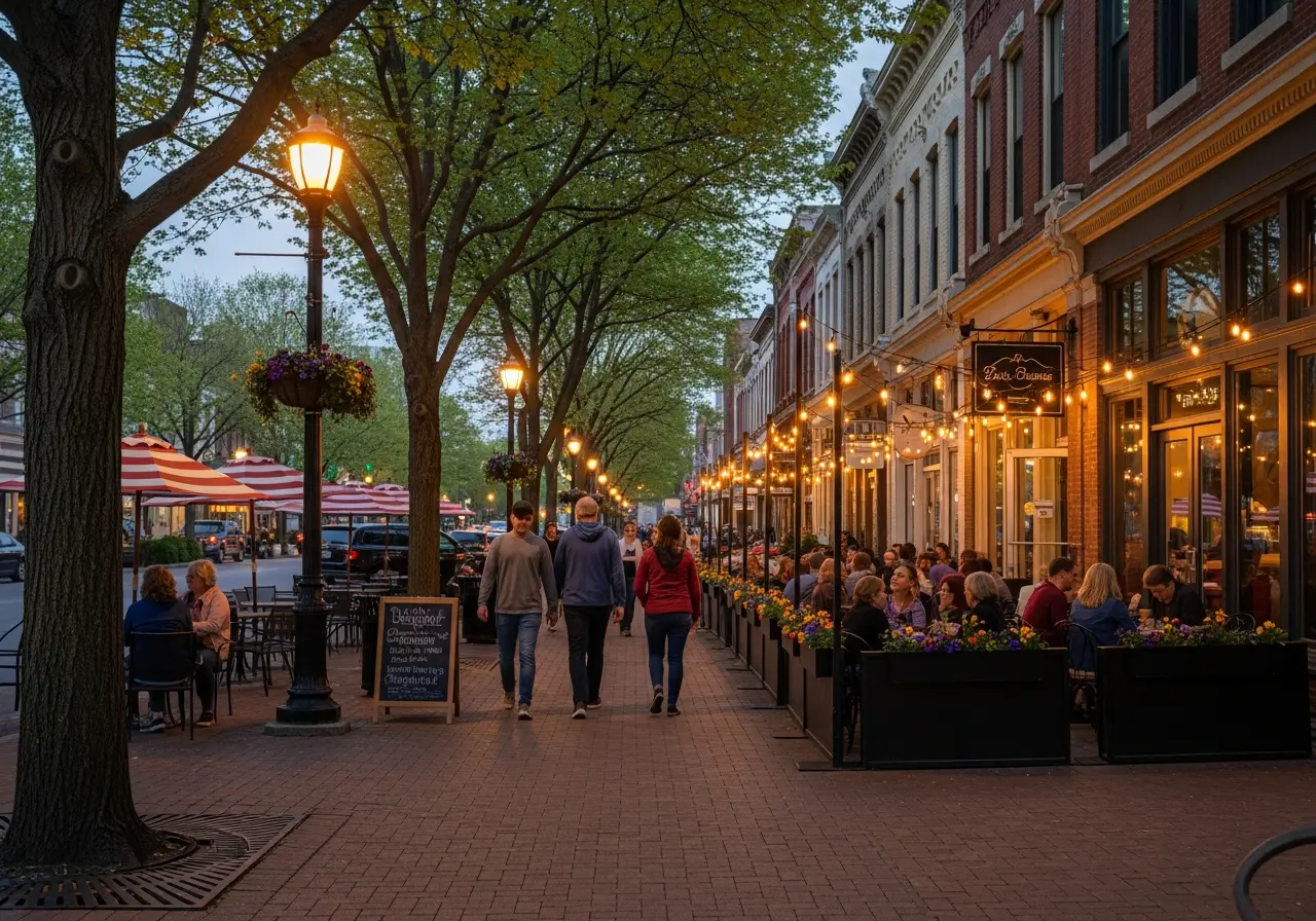 People walking and dining outdoors in the Rose District of Broken Arrow