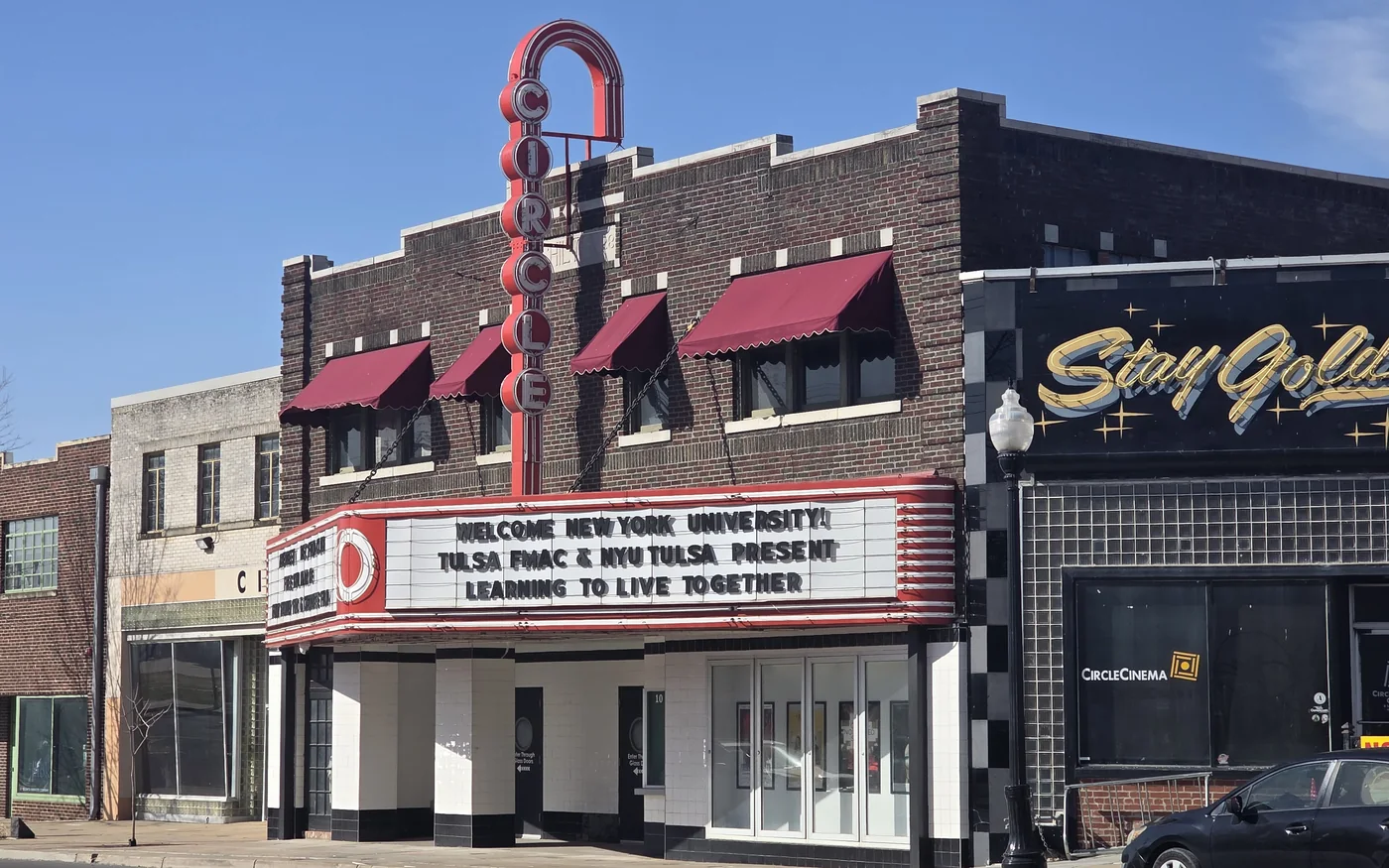 Circle Cinema marquee and exterior in Tulsa's Kendall Whittier district