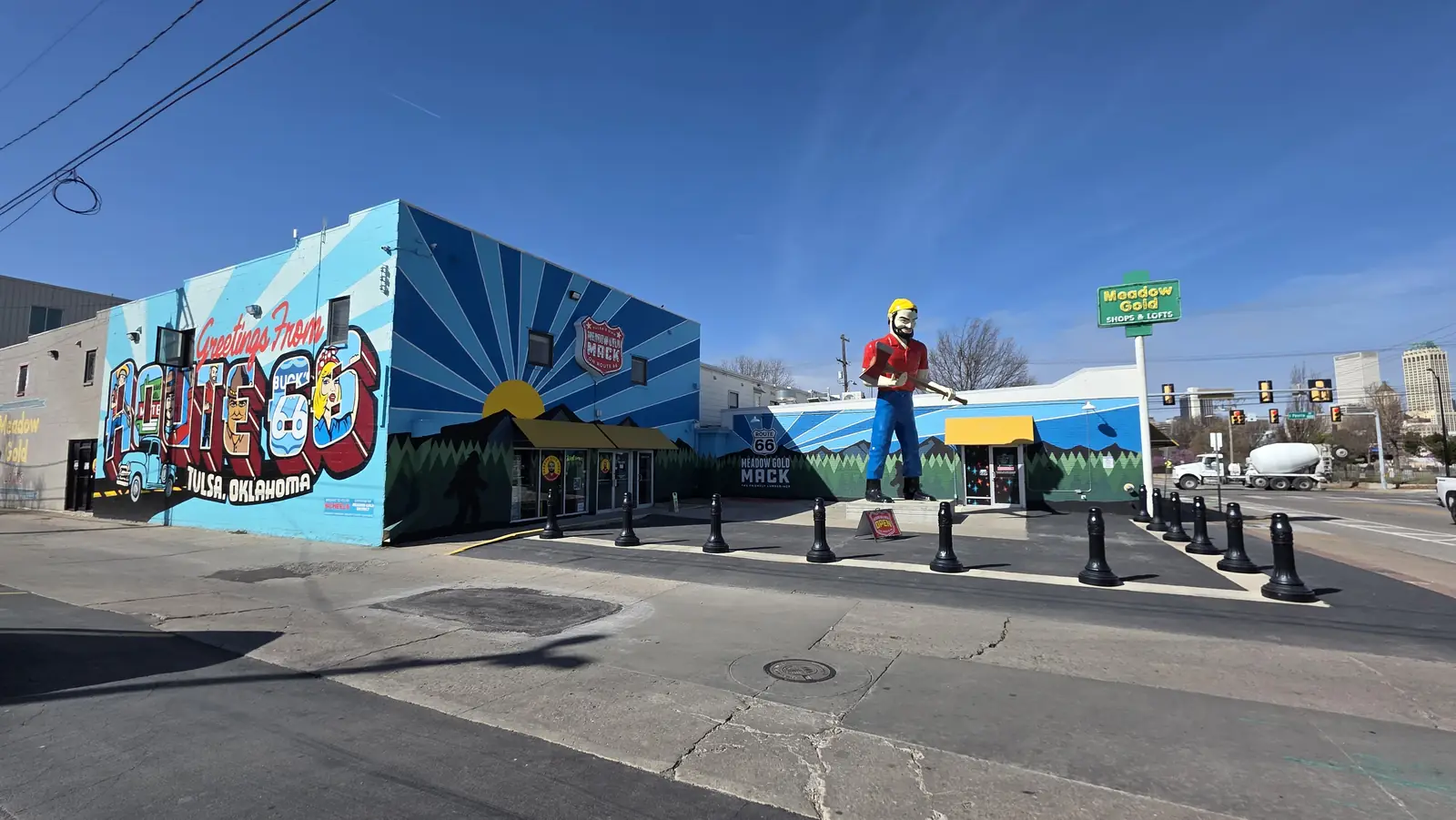 Route 66 mural and Meadow Gold Mack landmark in Tulsa